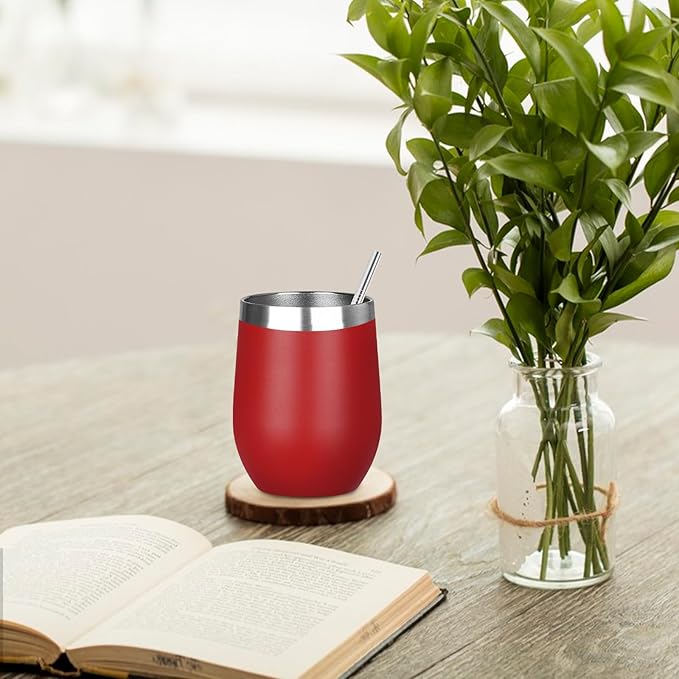 MEZMUT 12 Oz Insulated Wine Tumbler with Lid Double Wall Vacuum Stainless Steel Wine Glass Coffee Mug Insulated Tumbler Cup for Champaign, Cocktail, Beer (Red, 1 Pack)