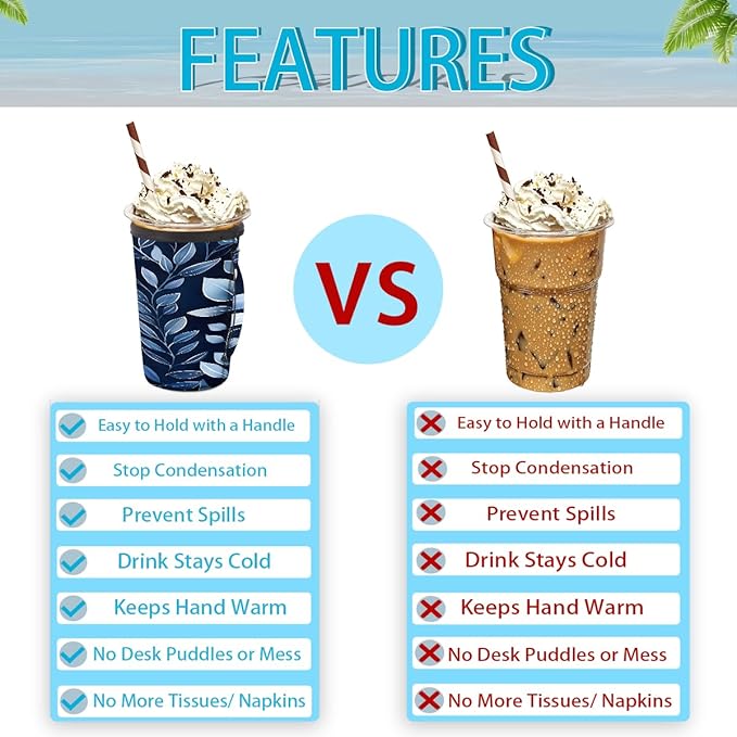 Reusable Iced Coffee Cup Sleeve Leaf Plants Neoprene Insulated Sleeves Cup Holder with handle Idea for 30oz - 32oz