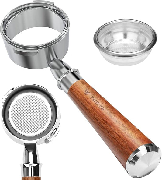 58mm Bottomless Portafilter, Professional Stainless Steel Portafilter 2 Ears for 58 Gaggia Machines- Not suitable with E61 groupheads,with Walnut Handle & Filter Basket