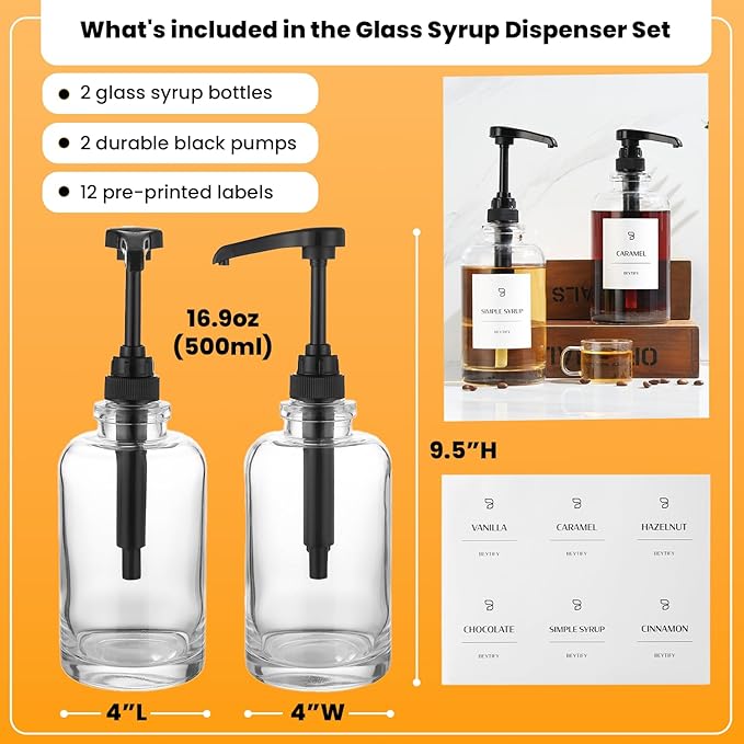 BEYTIFY Glass Coffee Syrup Dispenser Set | Glass Syrup Bottles with Pump Tops & 12 Labels | Refillable Leak-Proof Dispensers for Coffee Bar, Vanilla Caramel Hazelnut Syrups | Clear Glass, 2 Pack (16.9oz/500ml)