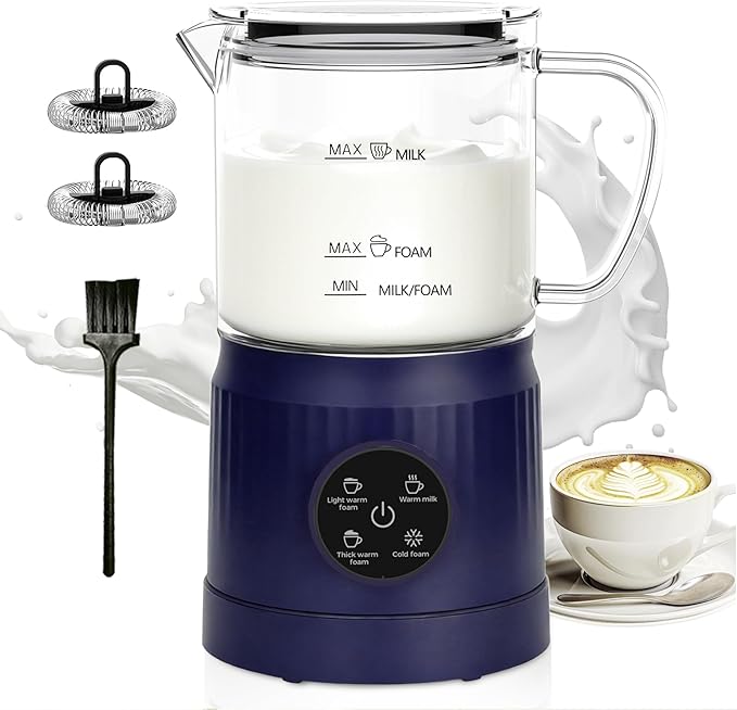 4-in-1 Milk Frother, Electric Milk Frother and Steamer with LED Touch Screen, Non-stick Bottom, Milk Warmer 13.52oz for Lattes, Cappuccinos, and Macchiatos at Home (Navy blue)