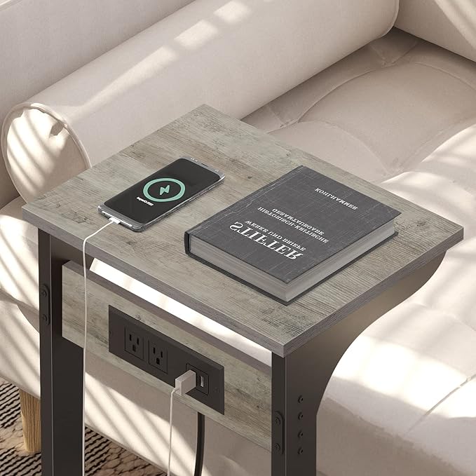 TUTOTAK C Shaped End Table With Charging Station, Set of 2, Couch Tv Tray With 2 USB Ports and Outlets, Sofa Side Table for Small Spaces, Living Room, Bedroom TB01BG0442