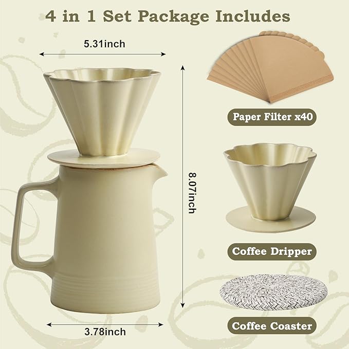 Pour Over Coffee Maker, Ceramic Coffee Dripper with 40pcs V02 Paper Filter & Coaster, 18.2oz/540ml Flower Shape Pour Over Coffee Filter set (Celadon Set)