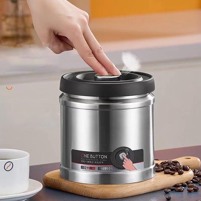 Vacuum Kitchen Seal Canister, Stainless Steel Pressed Airtight Food Storage Container, Flour/Coffee/Beans Tea/Grains/Sugar/Biscuits Metal Food Storage Canister, Tea Canisters(750ML Stainless Steel)