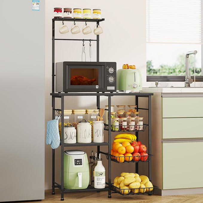 SWTYMIKI Bakers Rack with Storage - Coffee Bar Cabinet with Shelves, Coffee Station Organizer and Kitchen Stand with 8 Hooks, Baskets, Adjustable Feet for Kitchen Dining Room Pantry, Black