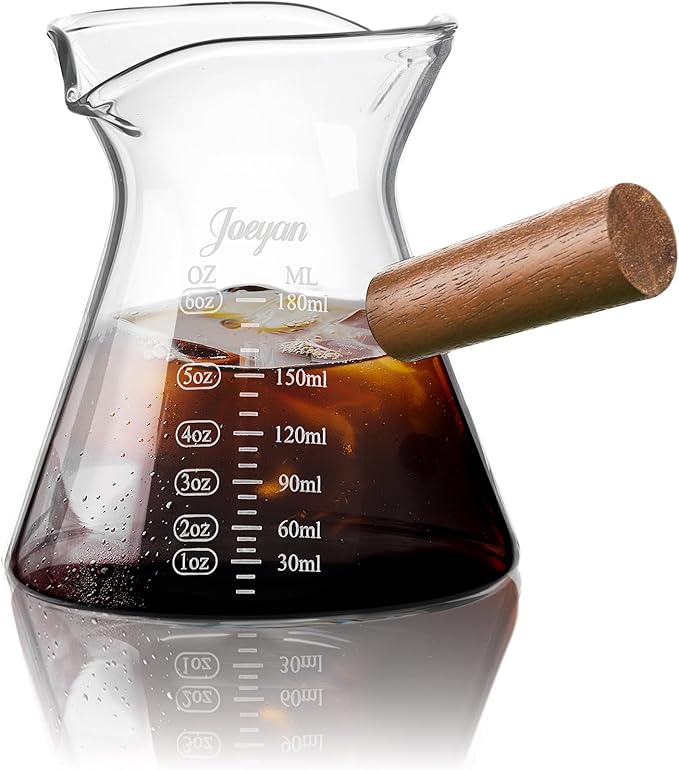 Joeyan 6 oz Glass Measuring Cup with Double Spouts,Clear Borosilicate Espresso Shot Glasses with Wooden Handle,Milk Creamer Frothing Pitcher Barista Coffee Carafe