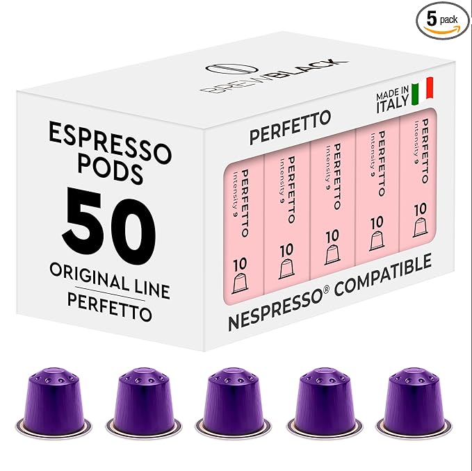 BrewBlack Perfetto Coffee Capsules - 50 Aluminum Coffee Pods Compatible with Nespresso Original line, Medium Roast - Intensity 9/12, Made in Italy