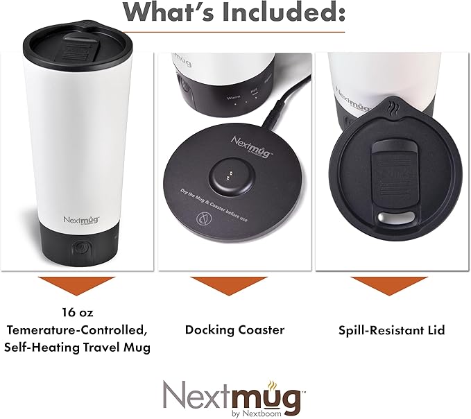 Nextmug Go - Temperature-Controlled, Self-Heating Travel Mug (White - 16 oz.)