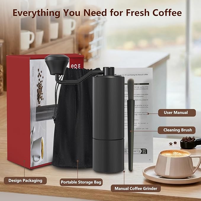 Manual Coffee Grinder, Manual Burr Coffee Grinder Capacity 25g with CNC Stainless Steel Conical Burr, Internal Adjustable Setting, Hand Coffee Grinder for Espresso, Pour Over, French Press, Moka.