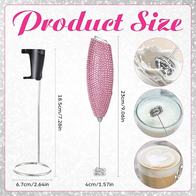 Rhinestone Milk Frother with Stand Sparkly Handheld Battery Operated Electric Foam Maker with Bling Handle, Single Coil Head Whisk Coffee Drink Mixer for Lattes Matcha(Pink)