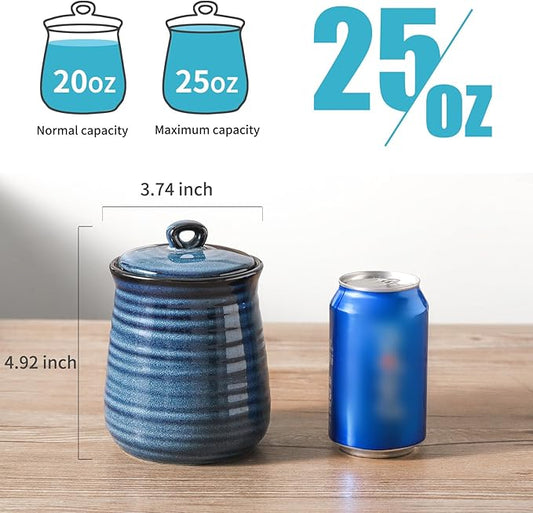 Ceramic Food Storage Jars,25 Oz Porcelain Kitchen Canisters with Airtight Lids Set of 3,Flour Containers for Countertop,Farmhouse Decor Serving Ground Coffee,Tea,Sugar,Pasta and Rice,Blue