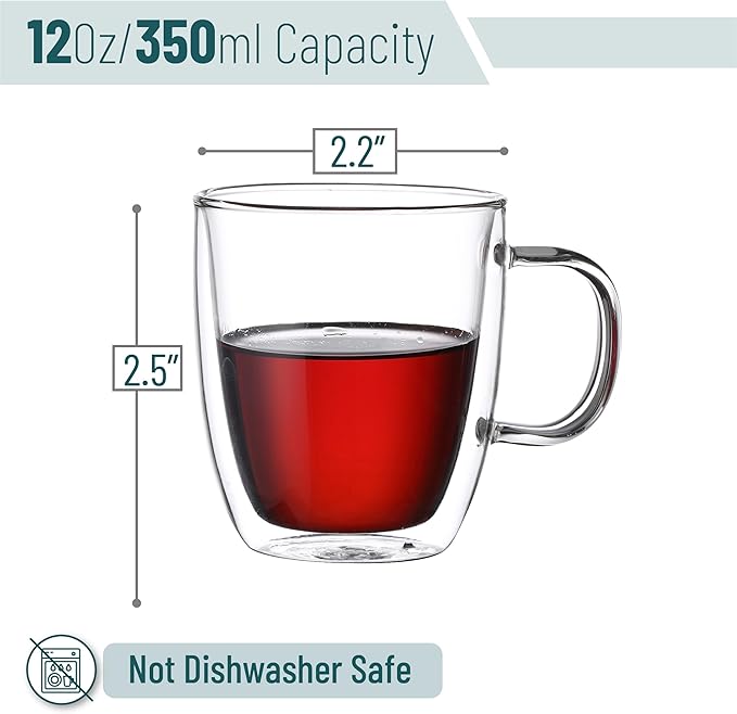 BTaT- Double Walled Glass Coffee Mugs, 12 oz, Set of 6, Glass Coffee Cups with Handle, Insulated Clear Coffee Mug for Hot and Cold Beverages, Cappuccino, Latte, Tea, Americano, Microwave Safe