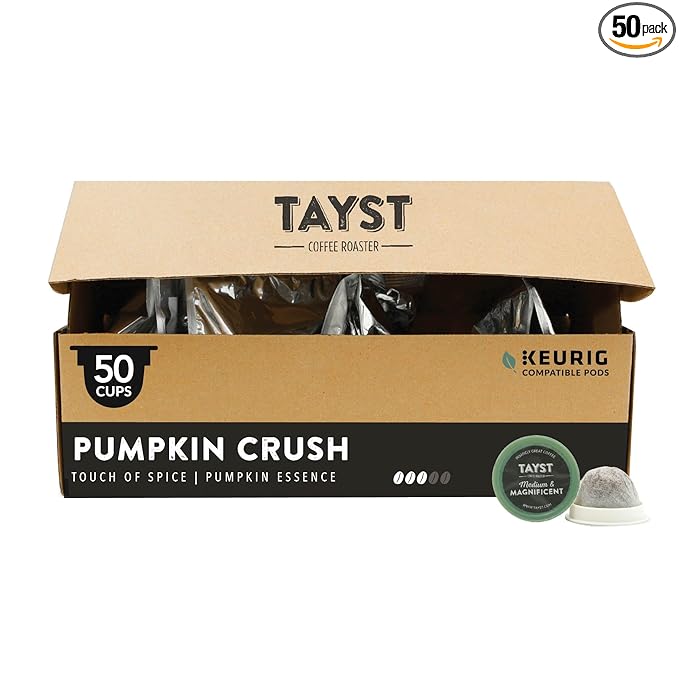 Tayst Coffee Pods, Pumpkin Crush Medium Roast, K Cups Compatible with Keurig Coffee Maker, Sustainable Single Serve, Pack of 50