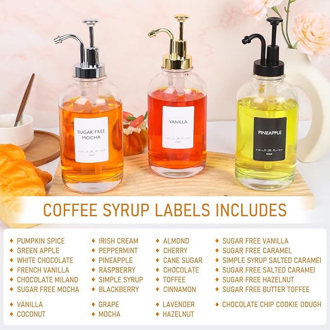 Coffee Syrup Dispenser 16.9 Oz 2 Pack, 500ml Glass Bottle with Black Plastic Pump for Coffee Bar, Includes 36 Stickers & Marker - Reusable Syrup Bottles