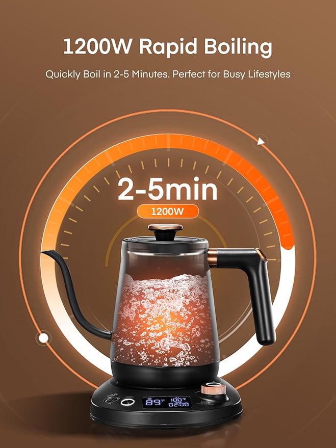 Electric Gooseneck Kettle, Tea Kettle ±1℉ Temperature Control, 0.8L Pour Over Electric Kettle for Coffee & Tea, Hot Water Boiler, Stainless Steel Inner, 1200W Rapid Heating,LCD Display,Matte Black