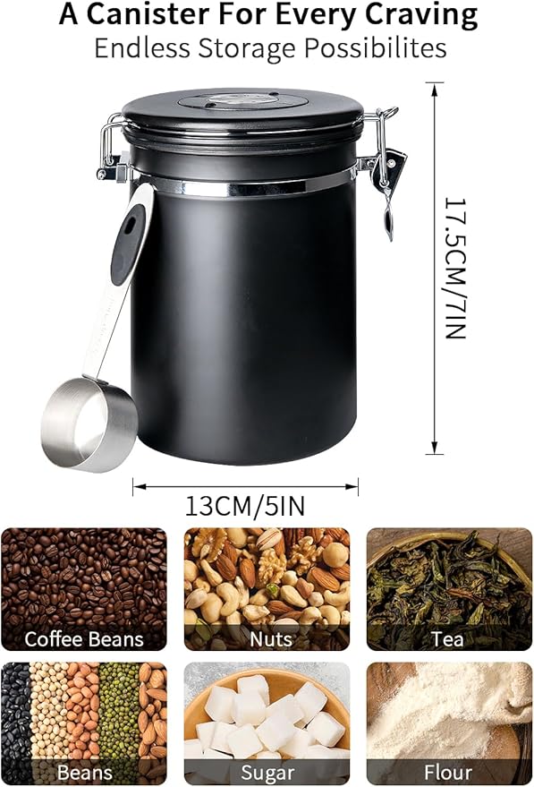 INFTYLE Coffee Canister with Airtight Lid, 22oz, 60 fl oz White, Stainless Steel Air Tight Lid Container with Date Tracker and Scoop Food Storage Jar for Coffee Bean (Black)