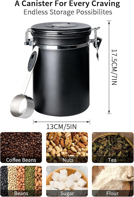 INFTYLE Coffee Canister with Airtight Lid, 22oz, 60 fl oz White, Stainless Steel Air Tight Lid Container with Date Tracker and Scoop Food Storage Jar for Coffee Bean (Black)