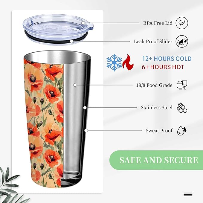 20 oz Tumbler, Floral Stainless Steel Travel Mug, Double Wall Vacuum Insulated Coffee Cup for Hot & Cold Drinks, Chirstmas or Birthday Gift for Men and Women, Printed Poppy Flower