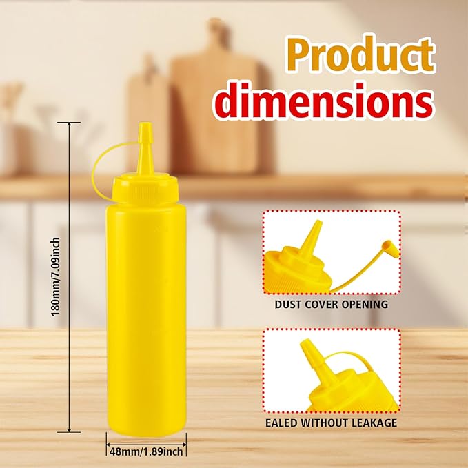 Squeeze Bottles for Sauces,Leak-Proof Condiment Dispenser, BPA-Free Kitchen Restaurant Squeeze Bottle Set with Wide Mouth for Ketchup, Mustard,Syrup,Dressings (Yellow, 4Pack-8oz(200ml))