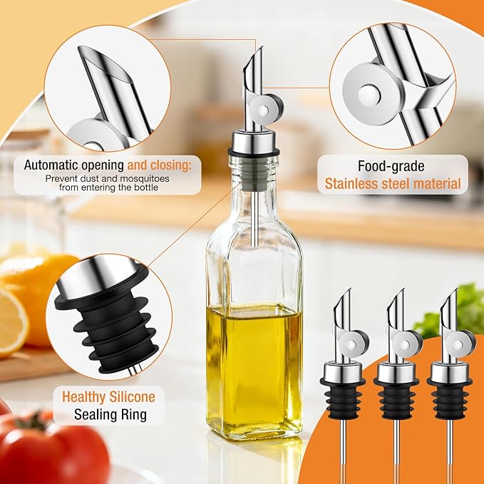 LESYDGS1 3 Pack Stainless Steel Liquor Pour Spouts with Dust Caps, Bottle Pourers for Alcohol, Olive Oil & Syrup Dispenser Spouts for Kitchen & Bar, Drip-Free, Silver