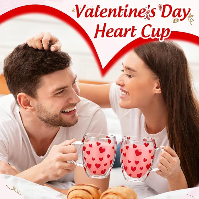 JarThenaAMCS Valentine' s Day Double Wall Glass Coffee Mugs Insulated Glasses 12Oz Red Heart Clear Espresso Cups with Handle for Home Holiday Supplies, Set of 2