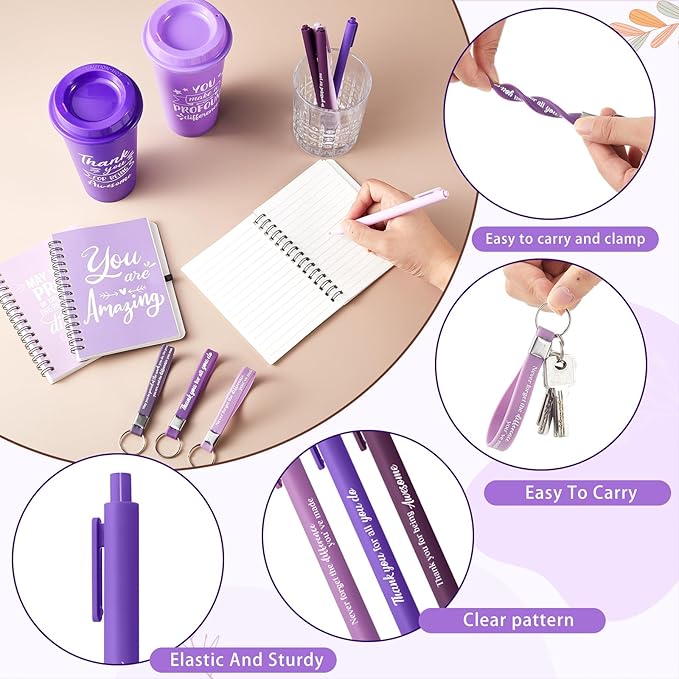 Skylety 12 Set/48 Pcs Employee Appreciation Gifts Bulk Christmas Thank You Gift Set 16 oz Coffee Cups Mini Spiral Notebooks Pens Keychains for Staff Team Teacher Coworker (Purple Gradient)