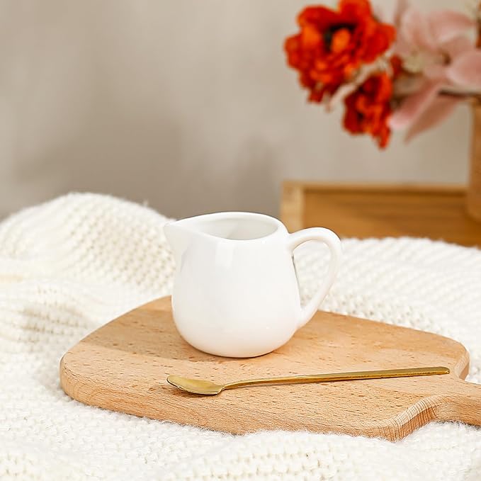 Koythin 2-Piece Ceramic Small Coffee Creamers, Tiny Creamer Pitcher for Milk Sauces Chocolate Jam, Adorable White Milk Pitchers for Parties Afternoon Tea, Mini Salad Dressing Container (2.9 oz/85 ml)