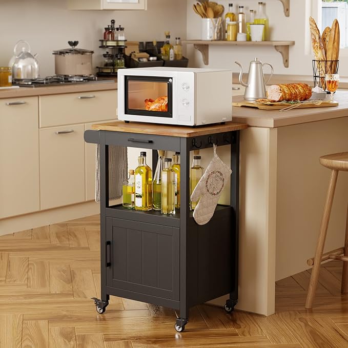 Kitchen Island on Wheels with Drawer, Storage Cabinet, Shelf and Side Hook, Rolling Kitchen Cart with Rubber Wood Countertop, Microwave Cart for Small Space, Black