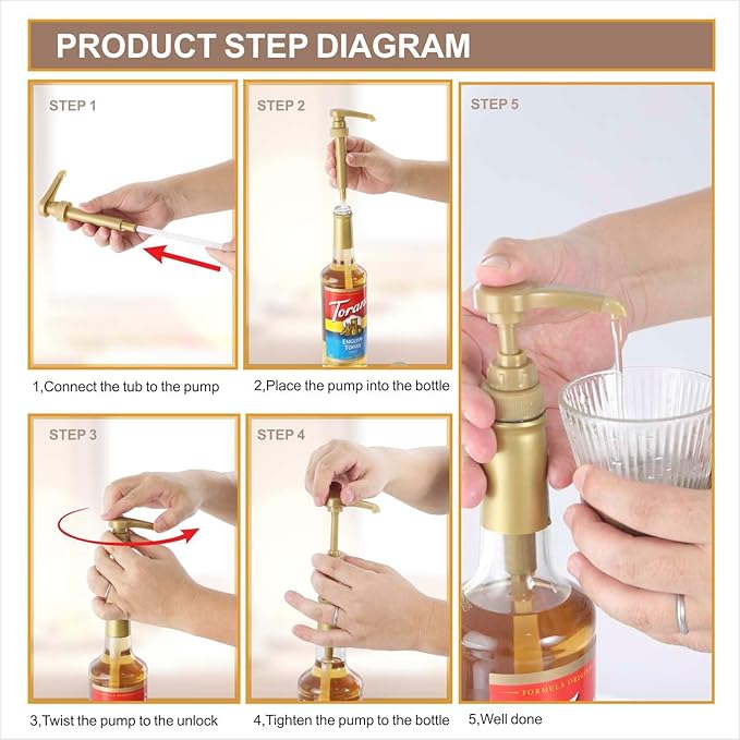 Kinfira 6 Pcs Coffee Syrup Pump Dispenser - Premium Skinny Syrup Pumps Fit for 25.4oz Torani Davinci Syrup Bottles (Gold)