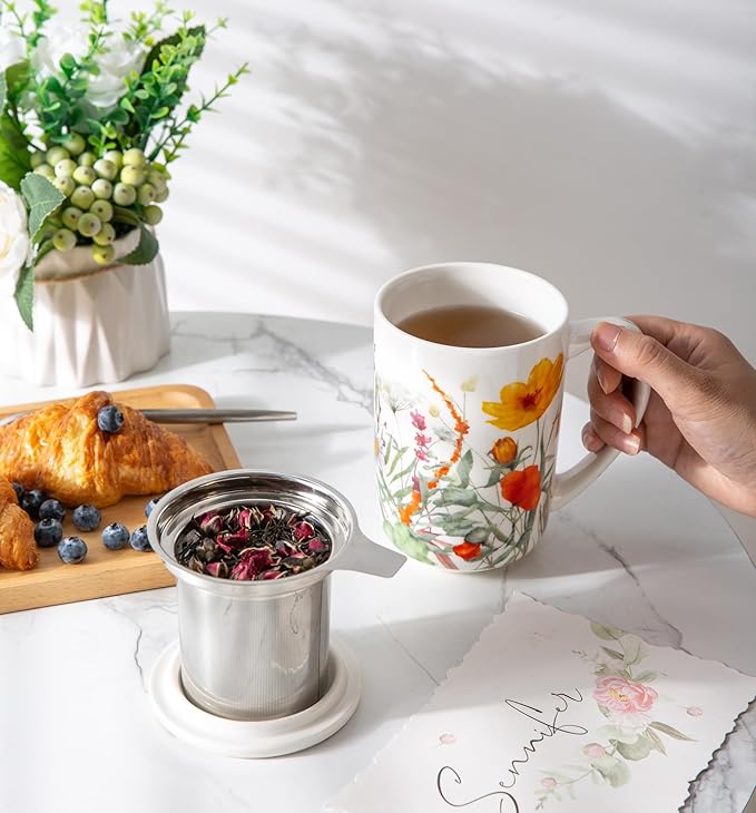 AmorArc Porcelain Tea Mug with Infuser and Lids, 18 Oz Large Cup Strainer with Bag Holder for Loose Leaf Tea, Steeping Coffee Mug for House-warming Wedding Birthday Gift
