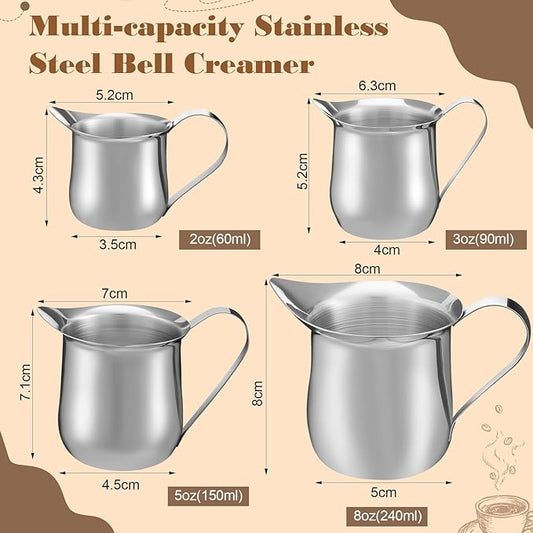 Honeydak 4 Pcs 2, 3, 5, 8 OZ Stainless Steel Bell Creamers Pitcher Mini Cup Container Espresso Shot Frothing for Serving Milk Coffee Cream for Restaurant Cafes Home
