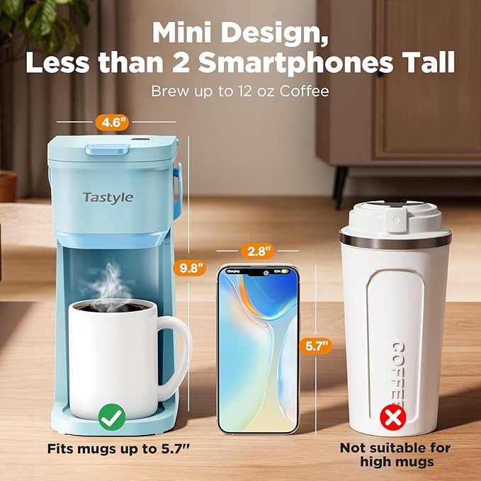 Tastyle Single Serve One Cup Coffee Maker, for K Cups and Grounds, Mini Coffee Maker with Portable Handle, 6 to 12 Oz Brew Size, for Travel, Camping, Office, RV and Dorm, 120V, Aqua