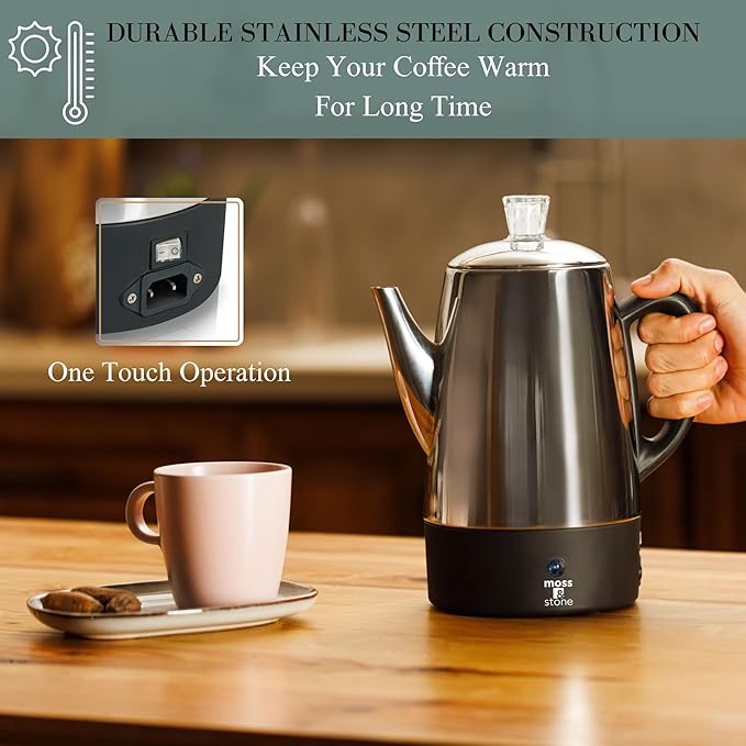 Moss & Stone Percolator Coffee Pot Electric 10 Cup, Stainless Steel Coffee Maker. With Keep Warm Function, 10 Cups Stainless Steel Percolator With Coffee Basket