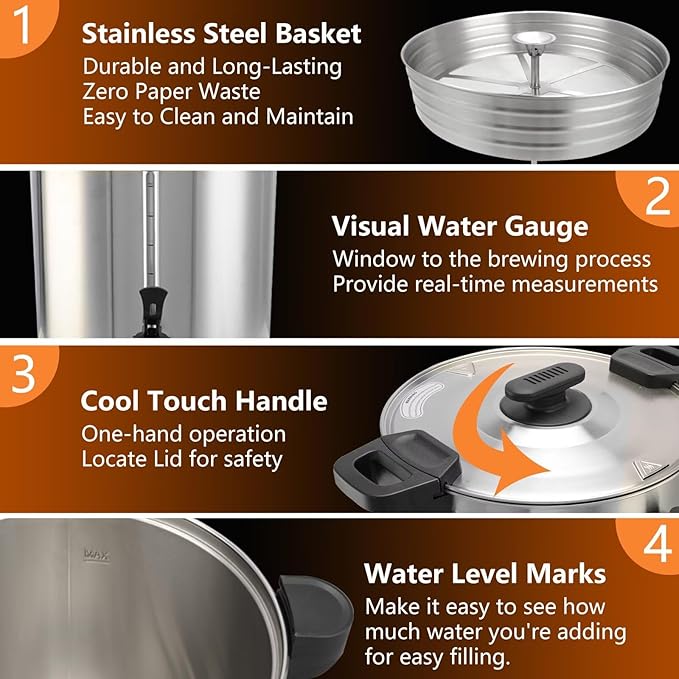 45 Cup 8L/2.11Gallon Commercial Coffee Urn, Festa Essential 950W Large Percolate Coffee Maker, Hot Beverage dispenser With Double Dripless Faucet,Quick-Brewing Hot Water Urn for Catering,Home,Events