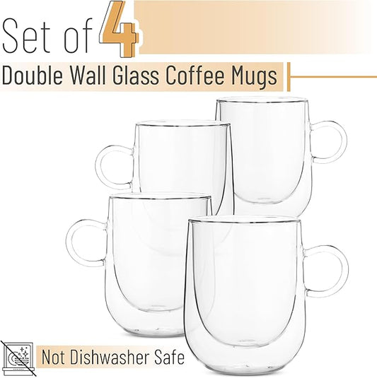 BTaT- Double Walled Glass Coffee Mugs, 12 oz, Set of 4, Glass Coffee Cups with Handle, Insulated Clear Coffee Mug for Hot and Cold Beverages, Cappuccino, Latte, Tea, Americano, Microwave Safe