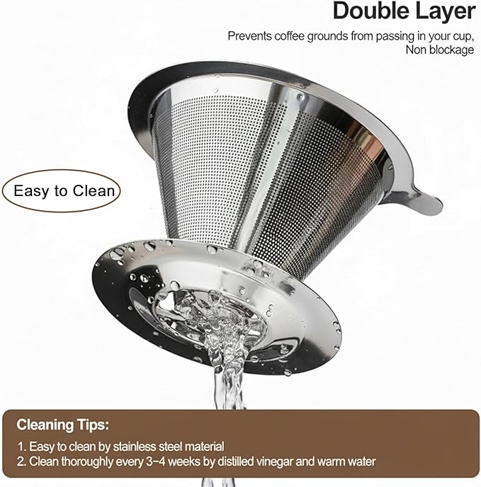 Stainless Steel Pour Over Coffee Dripper, Paperless Reusable Cone Coffee Filter with Ultra Fine Micro Mesh, Pour Over Coffee Maker for Single Cup Brew, Non-slip Stand for Perfect Extraction, 1-4 Cups