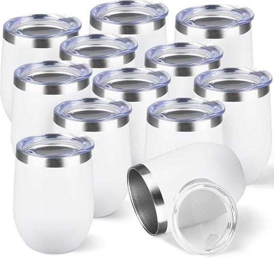 StarSpeed 12oz/12 Pack Wine Tumbler with lid, Stainless Steel Travel Mugs Stemless Double Wall Insulated Coffee Cup, Insulated Wine Glasses Travel Tumbler for Cold & Hot Drinks(White, 12)