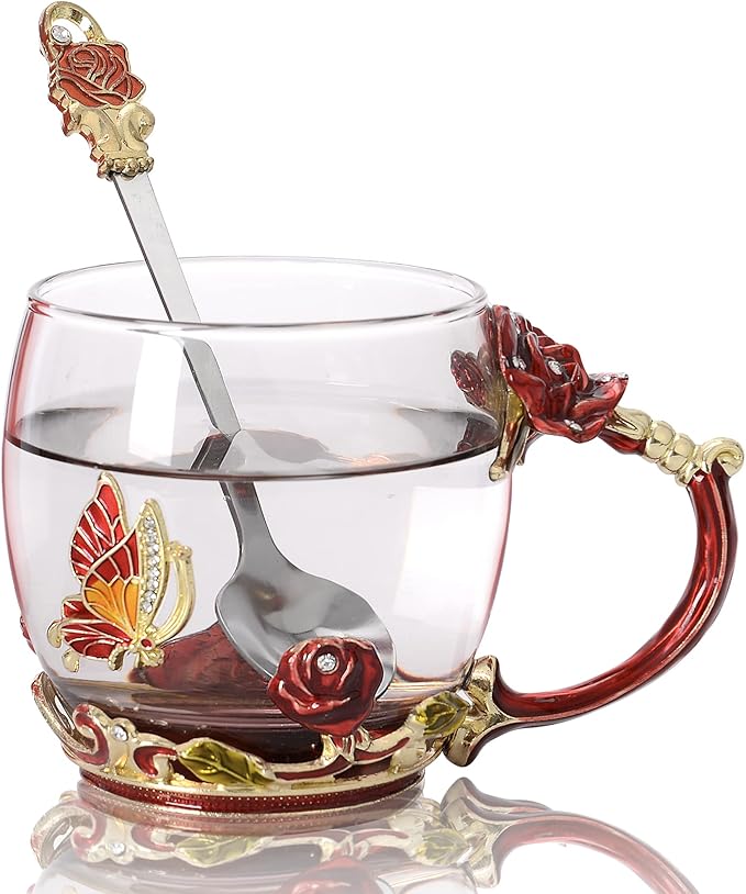 Flower Tea Cup Glass Coffee Mugs with Spoon, Valentines Day Gifts for Wife and Mother, Personalized Gifts for Gift Mother's day, Valentine's Day (11oz)