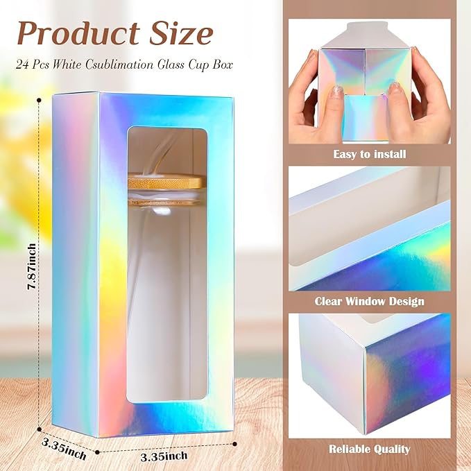 Honoson 24 Pcs Tumbler Gift Box with Ribbon for Sublimation Glass Exhibition Boxes Transparent for 12oz 16oz 20oz Drinking Cup Glasses Jars Mug Can Blanks(Laser Color)
