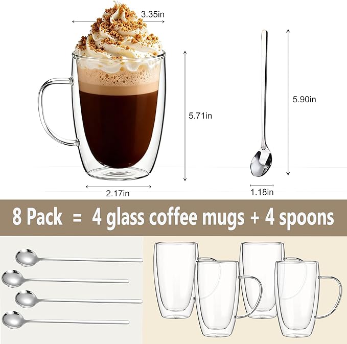 DINGPAl 15 oz Double Walled Glass Coffee Mugs, Set of 4 Large Double Wall Layer Coffee Mug Insulated Borosilicate Glass Cups with Handle and Spoon for Latte, Cappuccino, Espresso, Americano