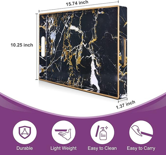 Gifturbo Black Serving Tray,Marble Decorative Serving Trays with Handles, Coffee Table Tray Ottoman Rectangular Plastic Trays with Gold Rim for Living Room, Bathroom，15.7 x 10.2 x1.37 inches