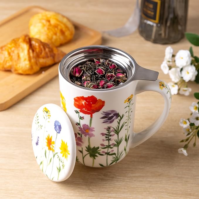 AmorArc Porcelain Tea Mug with Infuser and Lids, 18 Oz Coffee Cup Strainer with Bag Holder for Loose Leaf Tea, Tea Steeping Coffee Mug for House-warming Wedding Birthday Gift