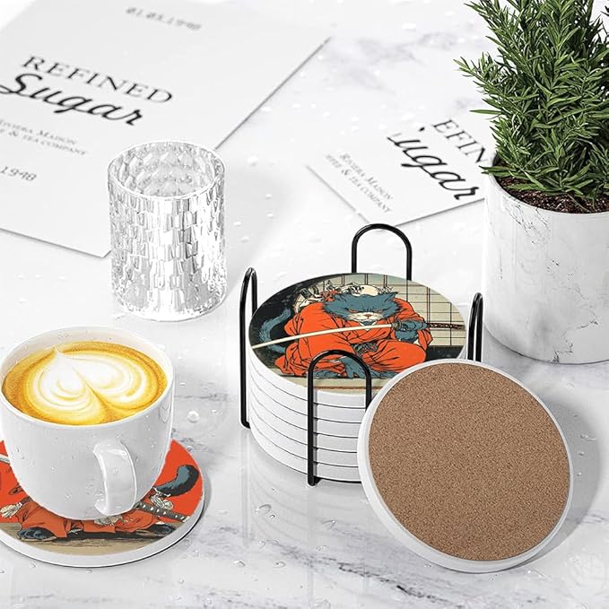 LOKMU Coasters for Drinks, Round Absorbent Ceramic Stone Coaster Sets of 6 with Metal Holder Stand, Japanese Cat Coasters with Cork Base for Coffee Wooden Table, Housewarming Gifts
