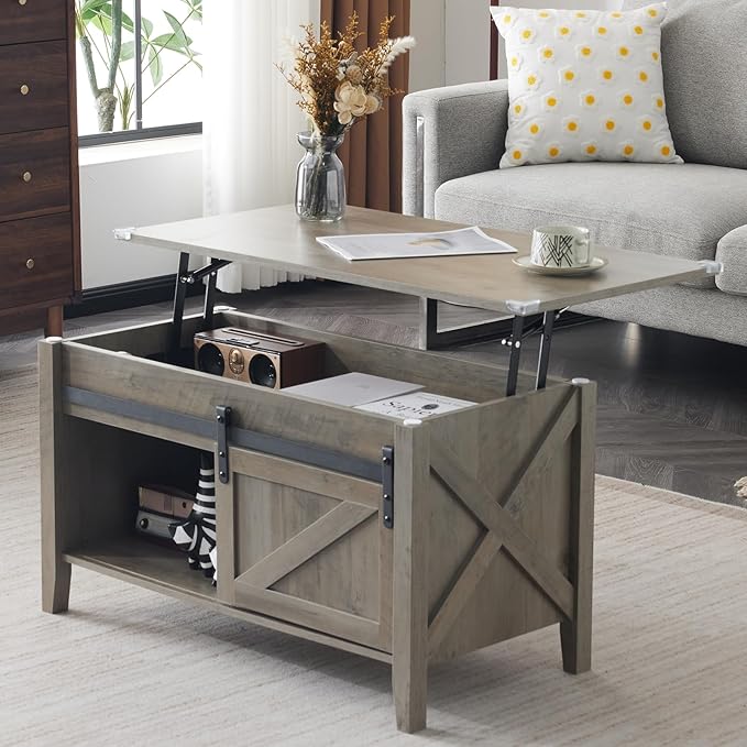 VINGLI Farmhouse Lift Top Coffee Table, Rustic Grey with Storage Shelf/Hidden Compartment, Mesa De Centro para Sala, Rustic Brown (Grey, 36" L)