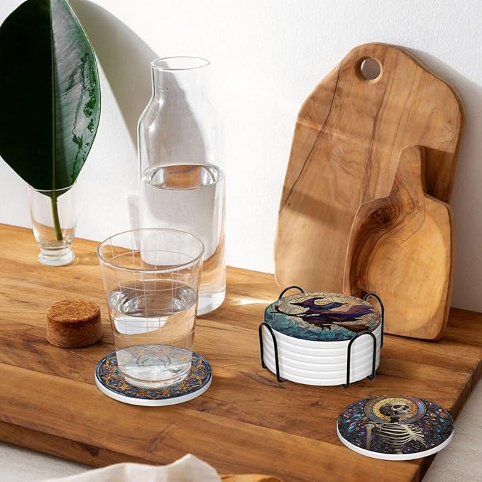 LOKMU Coasters for Drinks, Round Absorbent Ceramic Stone Coaster Sets of 6 with Metal Holder Stand, Stained Glass Halloween Pattern Coasters with Cork Base for Coffee Wooden Table, Housewarming Gifts