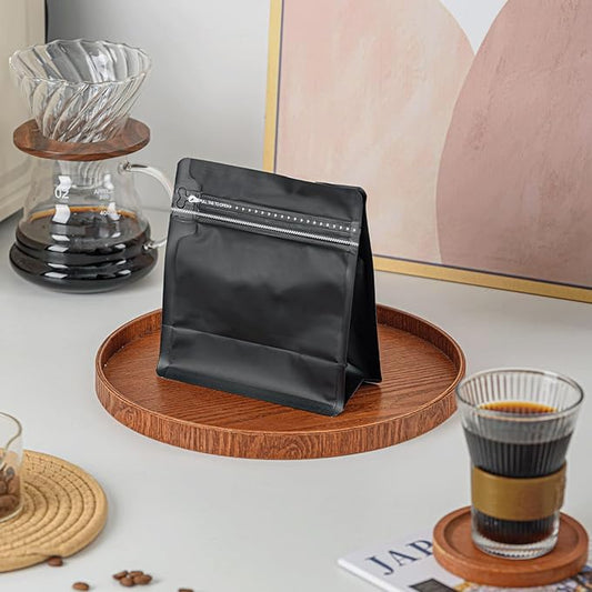 50 Pcs 4oz Black Sqaure Coffee Bean Bags with No-Valve, Easy Tear Open & Repeating Sealed Zipper, Heat-Seal Stand Up & Flat Bottom Tea Bag, 1/4 lb Capacity 5.3x5.7 Inch