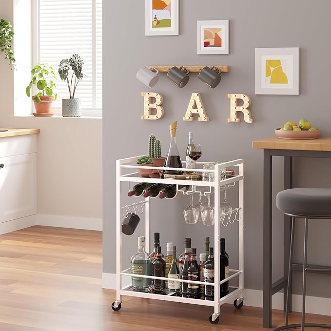 TUTOTAK Bar Cart, Serving Cart for Home, Microwave Cart, Drink Cart, Mobile Kitchen Shelf with Wine Rack and Glass Holder, Rolling Beverage Cart, White BC01BW031