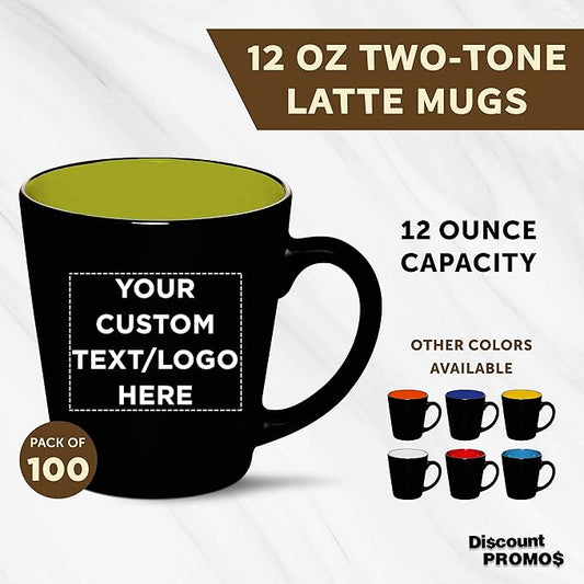 Custom Ceramic Coffee Latte Mugs 12 oz. Set of 100, Personalized Bulk Pack - Perfect for Coffee, Tea, Espresso, Hot Cocoa, Other Beverages - Lime Green