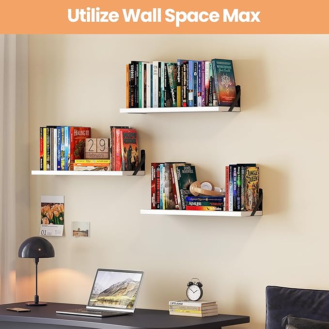 upsimples Floating Book Shelves for Wall, 23.6 Inches Floating Wood Shelves for Living Room, Laundry Room, Bedroom, Office Organizer and Storage, White