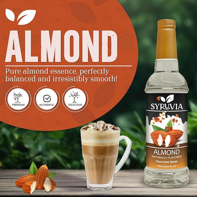 Syruvia Almond Syrup, Natural Flavors, Syrup for Drinks, Lattes, and Desserts – 25.4 fl oz,
